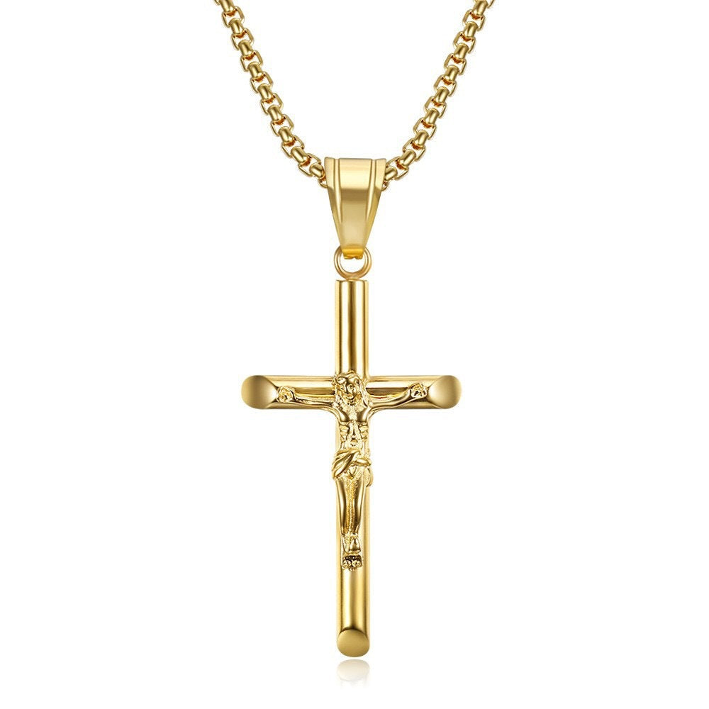 Collier Croix Crucifix en Acier Inoxydable – Pendentif Étanche Plaqué Or 18K