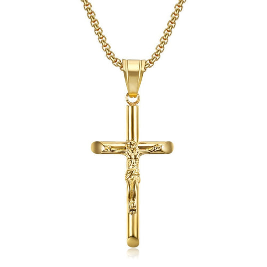 Collier Croix Crucifix en Acier Inoxydable – Pendentif Étanche Plaqué Or 18K